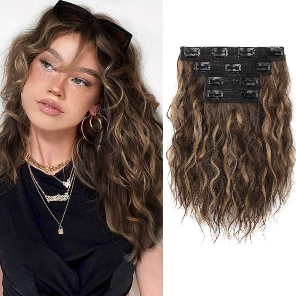 4PCS Hair Extensions 12" Short Curly Wavy Chestnut Brown Golden With Highlights - Picture 1 of 3